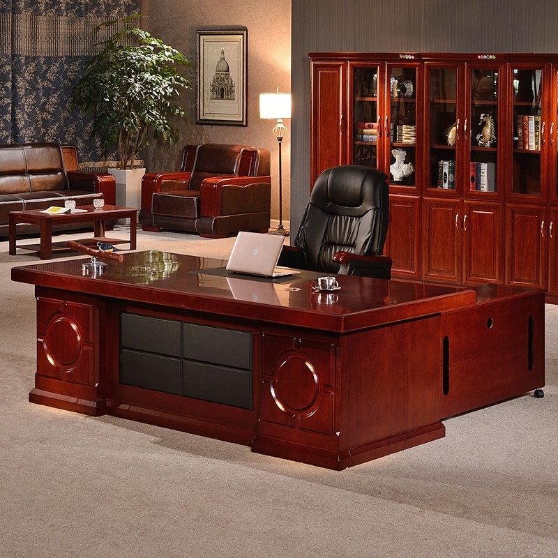 办公家具老板桌总裁桌大班台办公桌油漆实木贴皮经理桌2.2米 +6门书柜+老板椅