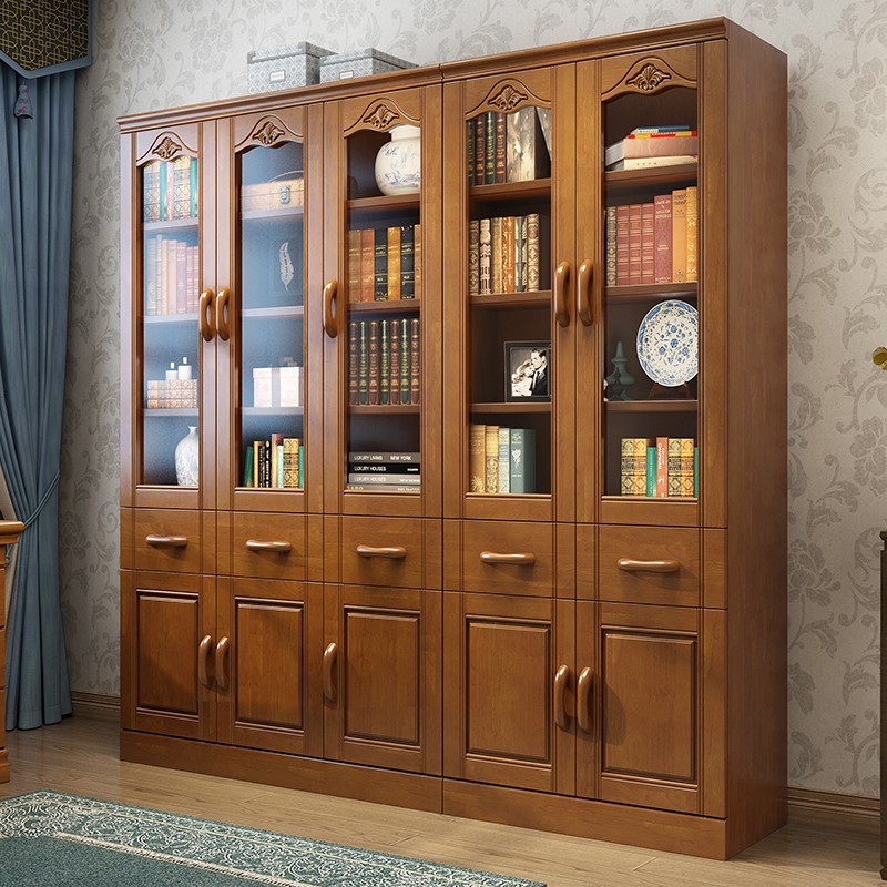 实木书柜中式书架书橱带玻璃门简约现代书房整体自由组合书柜储物柜子